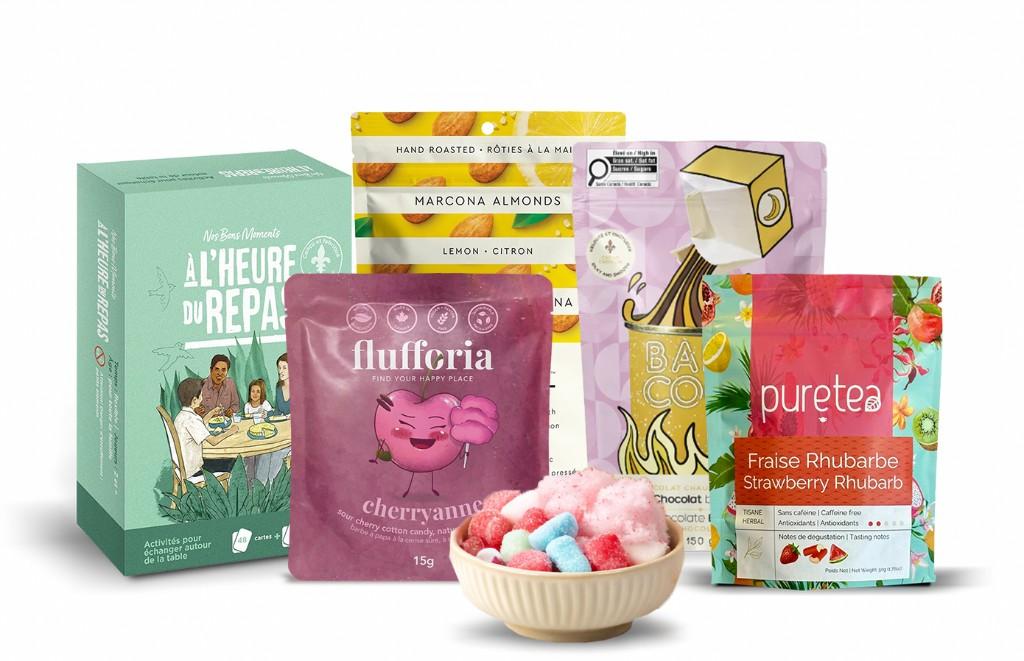 Product showcase - board game, snacks, and hot chocolate